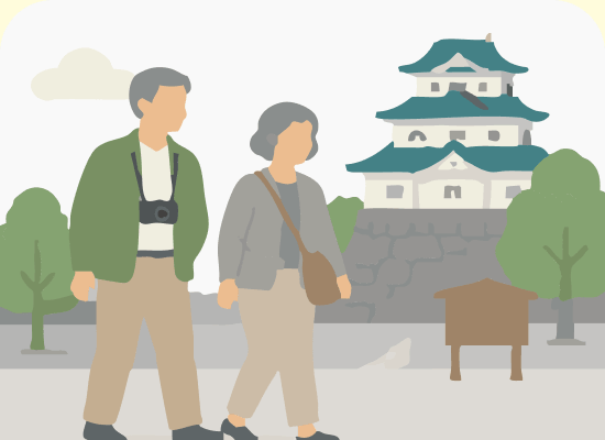 街歩きを楽しむ大人のイラスト