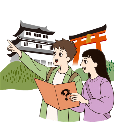 地図をもとに謎解きスポットを巡るイラスト